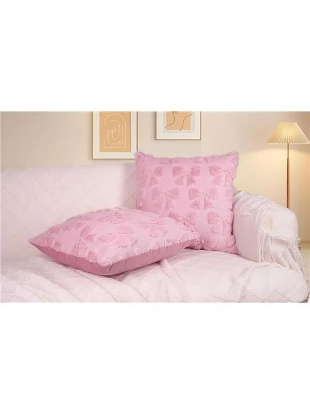 Pink Bow Pillow Covers 18x18 Set of 2 Plush Faux Fur Coquette Christmas Cushion